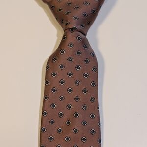 Vintage DAMON All Silk Tie Brown Tan Medallion Foulard 3.25" Mid-Width Retro 70s